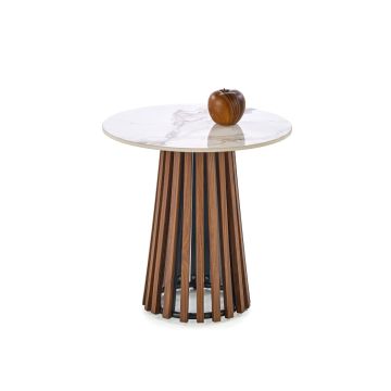 Ronde Bijzettafel Carina Beige Marmer / Walnoot Bruin Ø50cm
