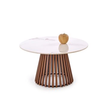 Ronde Bijzettafel Carina Beige Marmer / Walnoot Bruin Ø80cm