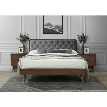 Massief Houten Tweepersoonsbed Cassidy Walnoot Bruin 140x200cm Fluwelen Hoofdbord