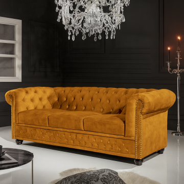 Design Chesterfield Bank 205cm Mosterdgeel Fluweel met Verenkern - 47032