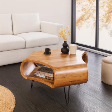 Retro Salontafel Organic Living 70cm Bruin Massief Acaciahout Honingkleurige Afwerking Opbergruimte - 47094