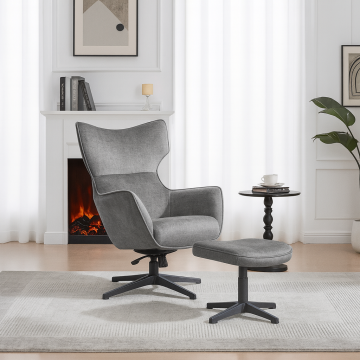 Design Kruk Vogue 45cm Grijs Fluweel Draaibare Zwarte Metalen Poten Voetenbank - 46704