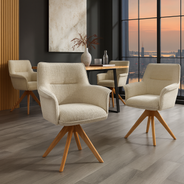 Draaistoel Le Grand Beige Chenille Natuurlijk Eiken Massief Hout met Armleuning - 47475