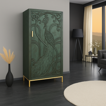 Massief Highboard Peacock 170cm Groen Mangohout Antiek 3D Snijwerk Pauwmotief - 45590