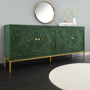 Massief Dressoir Peacock 175cm Groen Mangohout Antiek 3D Snijwerk Pauwmotief - 45791