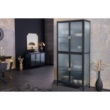 Moderne Vitrine Kast Amsterdam 180cm Zwart Goud Golfglas Metalen Highboard Kast - 43532