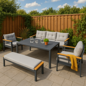 Diningset Blakes 7-Persoons Stoel/Bank Tuinset Antraciet Aluminium/Hout - 06260A