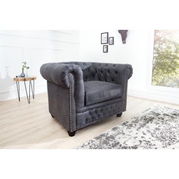 Chesterfield Fauteuil Sessel 105cm Grijs Met Knoopstiksel en Veerkern - 37389