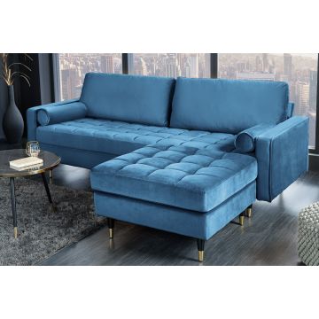 Design Hocker Cosy Velvet 80cm Blauw Fluweel Goud Metalen Poten - 43608