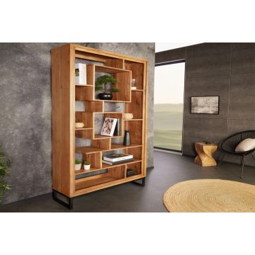 Massief Houten Boekenkast Cubus 190 cm Metalen Poten Met Acacia Honingkleurige Afwerking Zwarte Staande Plank - 43742