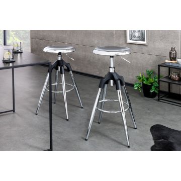 In Hoogte Verstelbare Barkruk Industrial Zilver Chrome Zwart Metaal Rond Draaibaar Industrial Design - 43656