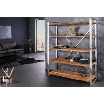 Massief Houten Kast Barracuda 185cm Bruin Teakhout Zilver RVS Verchroomde Boekenkast - 43616