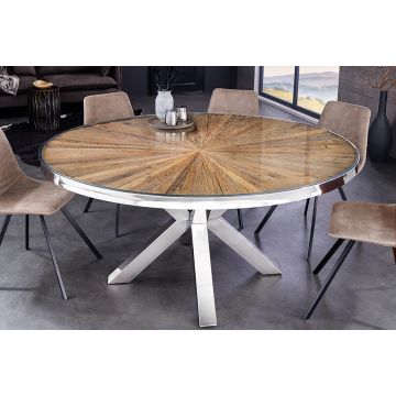 Ronde Eettafel Barracuda 120cm Bruin Teakhout Massief Houten Glazen Blad Zilver RVS Verchroomd - 43622