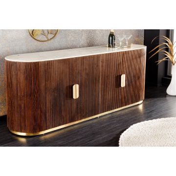 Design Massief Bruin Mangohouten Dressoir Gatsby 170cm Gouden Rand Wit Marmeren Blad - 43617