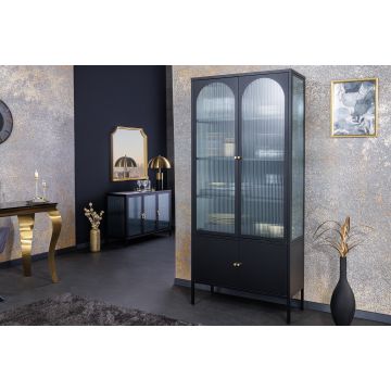 Moderne Vitrinekast Paris 180cm Zwart Goud Geribbeld Glas Metalen Highboard Kast - 43330