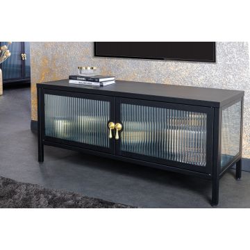 Modern TV -Meubel Amsterdam 90cm Zwart Goud Geribbeld Glas Metalen Vitrinekast - 43536