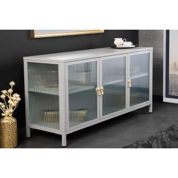 Modern Dressoir Amsterdam 105cm Greige Goud Geribbeld Glazen Metalen Vitrinekast - 43535