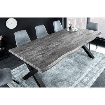 Moderne Eettafel Wild 180cm Grijs Gekalkt Hout Wild Eiken Design Boomrand X-Frame Metalen Poten - 45086  