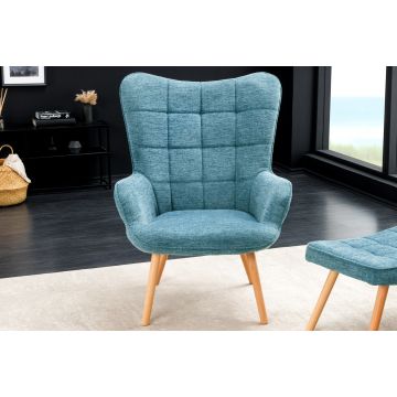 Moderne Fauteuil Scandinavia Blauwe Getextureerde Stof Massief Houten Poten Met Armleuningen - 44024