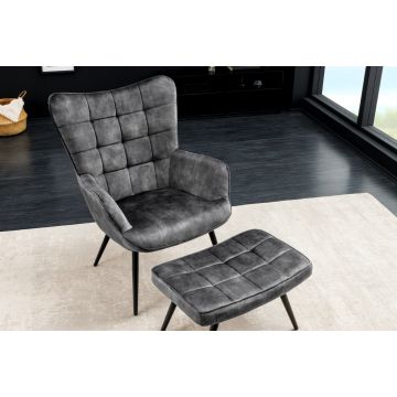 Moderne Fauteuil Scandinavia Grijs Fluweel Zwart Metalen Poten Met Armleuningen - 44020