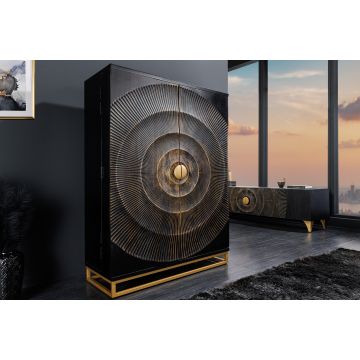 Handgemaakte Barkast Golden Sunset 140cm Zwart Goud Mangohout Massief Metalen Frame - 44252