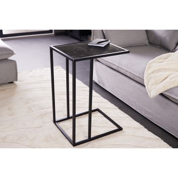 Moderne Bijzettafel Slim Line 65cm Antraciet Zwart Marmeren Design Metalen Laptoptafel - 44178