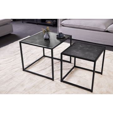 2-Delige Set Bijzettafel Slim Line 50cm Antraciet Zwart Salontafel Met Metalen Frame En Marmeren Design - 44179