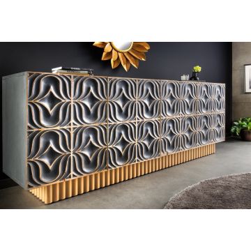 Handgemaakt Design Dressoir Piazza San Marco 180cm Grijs Goud Massief Mangohout 3D Design - 44319