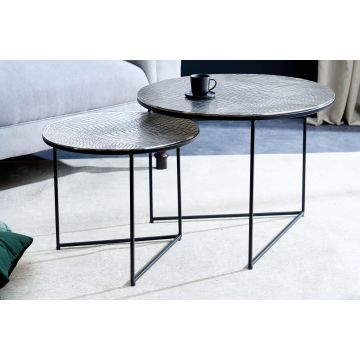 Ronde Set Van 2 Salontafel Elements 60cm Zilver Antiek Krokodil Design Handgemaakt - 43493