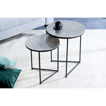 Ronde Set Van 2 Bijzettafel Elements 40cm Zilver Antiek Krokodil Design Handgemaakt - 43494