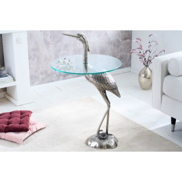Ronde Bijzettafel Heron 90cm Zilver Metaal Glas Reiger Sculptuur Handgemaakt - 43514
