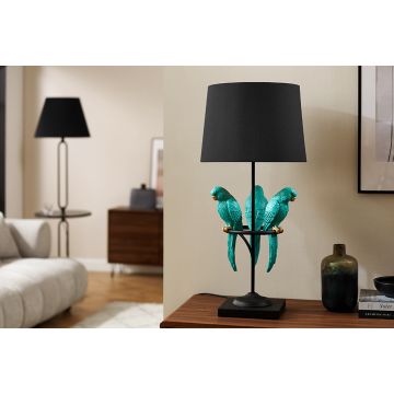 Design Tafellamp Wildlife 75cm Zwart Blauw Ronde Papegaaien Sculpturen Met Marmeren Voet - 44356