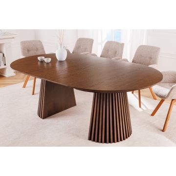 Uitschuifbare Eettafel Valhalla Wood 120-160-200cm Gerookt Bruin Eiken Rond Kolomonderstel Massief Hout - 44093