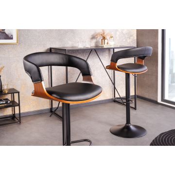 Retro Barkruk Manhattan Zwart Kunstleer Met Massief Walnoot Hout  - 44196