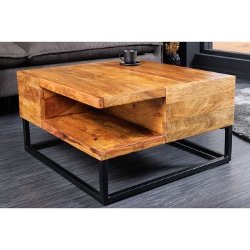 Massief Houten Salontafel Giant 60cm Natuurlijk Sheesham Steenafwerking Metaal Zwart Met Opbergruimte - 43750