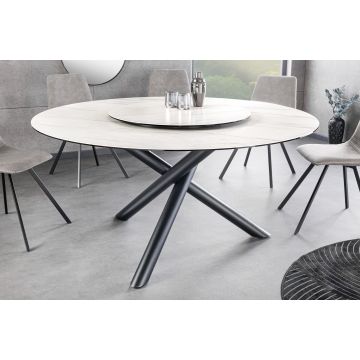 Ronde Eettafel Spin 150cm Wit Keramisch Marmeren Design Zwart Metalen Poten Met Draaibaar Blad - 44225