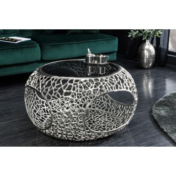 Ronde salontafel Spin 75cm Zilver Zwart Glas Metaal Met Opbergruimte Handgemaakt - 44147
