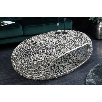 Handgemaakte Salontafel Organic 120cm Zilverkleurig Metalen Bladontwerp Met Opbergruimte - 44148