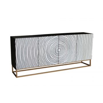 Massief Houten Dressoir Zen Circles 180cm Wit/Zwart Mangohout 3D-Design met Gouden Metalen frame - 44578