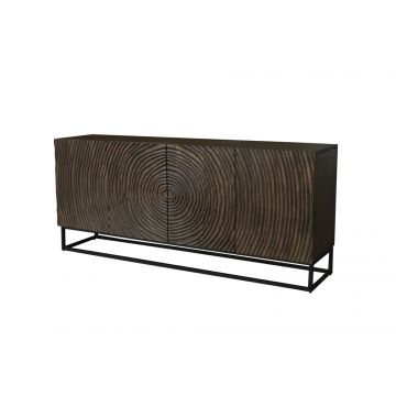 Massief Houten Dressoir Zen Circles 180cm DonkerBruin Mangohout 3D-Design met Zwart Metalen frame - 44580