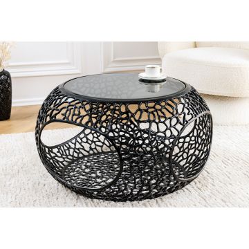 Ronde salontafel Spin 75cm Zwart Glas Metaal Met Opbergruimte Handgemaakt - 44506