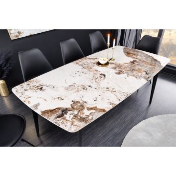 Moderne Eettafel Milano 180cm Wit Gemarmerd Natuursteen Keramiek Zwart Metalen Poten - 44233