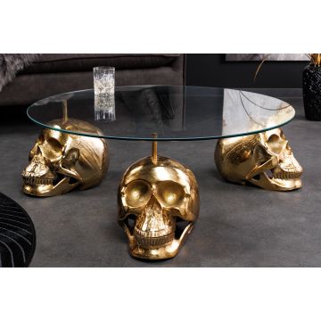Design Salontafel Skull XXL 90cm Goud Rond Glazen Blad Metalen Schedel Handgemaakt - 43496