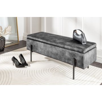 Modern Bankje Loft 100cm Grijze Fluwelen Bank Met Opbergruimte Gestoffeerd Zwart Metaal - 44328