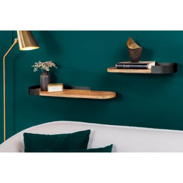 Moderne 2-delige Set Wandplank Puur Natuur 60cm Zwart Mangohout Massief Metaal Handgemaakt - 44307