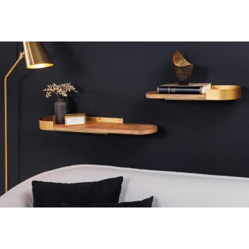 Moderne 2-delige Set Wandplank Puur Natuur 60cm Goud Mangohout Massief Metaal Handgemaakt - 43501