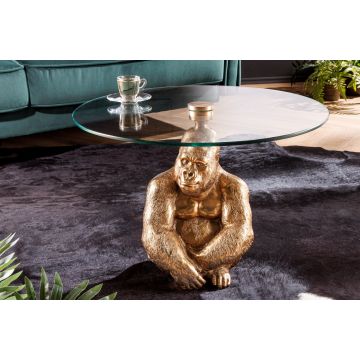 Ronde salontafel Wildlife Kong 60cm Goud Metaal Glas Aap Beeldje Gorilla Sculptuur Handgemaakt - 43518