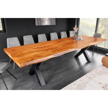 Massief Aciahouten Boomstam Eettafel Mammoet 300cm Zwart Metalen X-frame - 43782