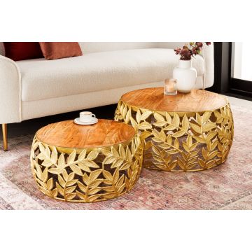 Ronde Set Van 2 Salontafels Abstract Blad 70cm Natuurlijk Goud Massief Hout Acacia Metalen Bladontwerp - 43818