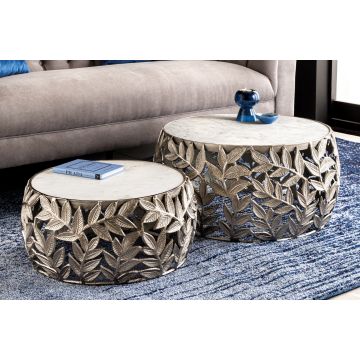 Ronde Set Van 2 Salontafels Abstract Blad 70cm Wit Zilver Marmeren Metalen Bladontwerp - 43817